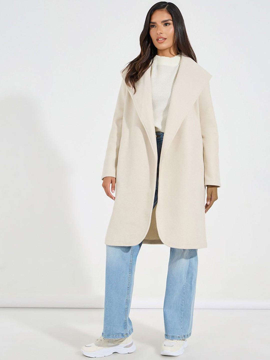 Styli Women Solid Belted Longline Wool Look Coat
