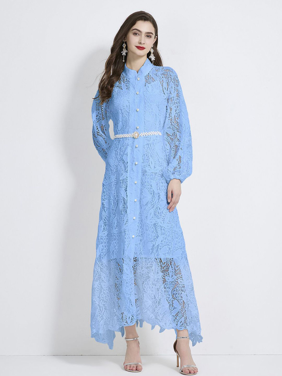 JC Collection Shirt Collar Puff Sleeves Self Design Printed Maxi Dress Come With Belt