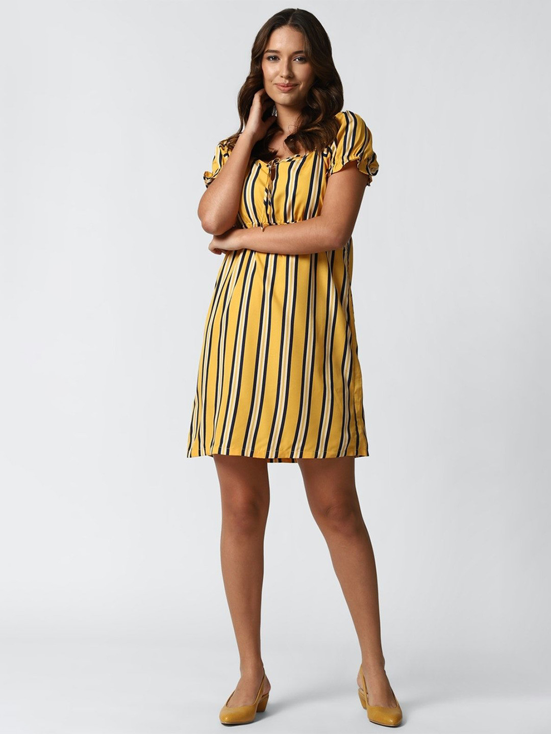 Roadster Georgette Cap Sleeve Stripe Print Mini A Line Dress
