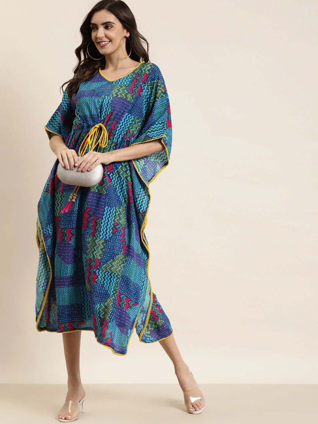YASH GALLERY Printed Kimono Sleeve Kaftan Midi Dress