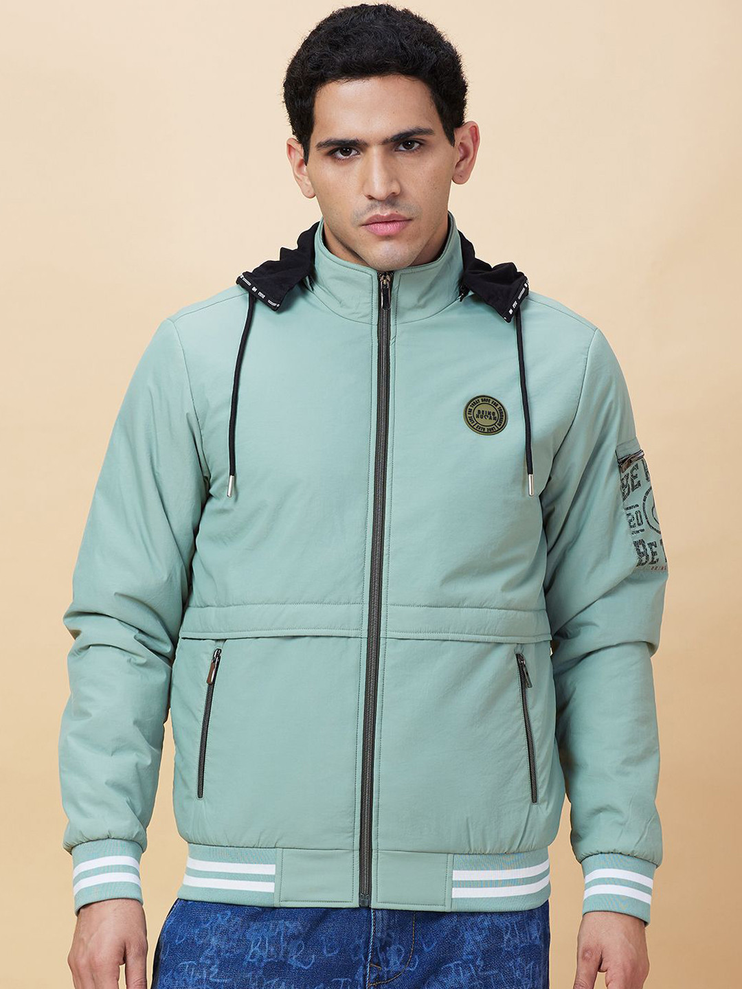 Being Human Men Green Mock Collar Long Sleeves Bomber with Embroidered Jacket