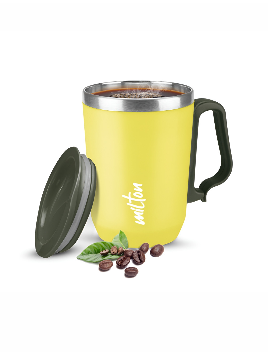 Milton Cool Touch Coastal 350 Yellow Non Insulated SS Mug with Handle & Lid-300 ml