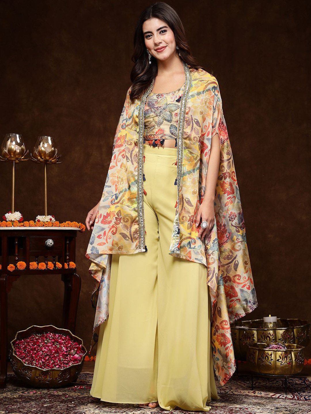 Stylum Beige Printed Top& Palazoo With Shrug