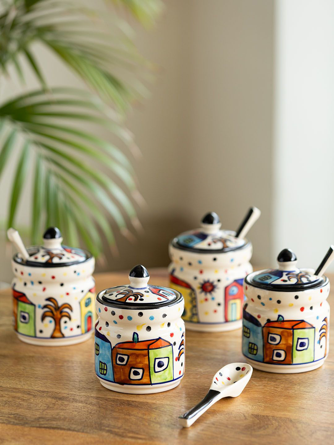 ExclusiveLane The Hut White & Blue 4 Pieces Printed Ceramic Canisters With Spoons