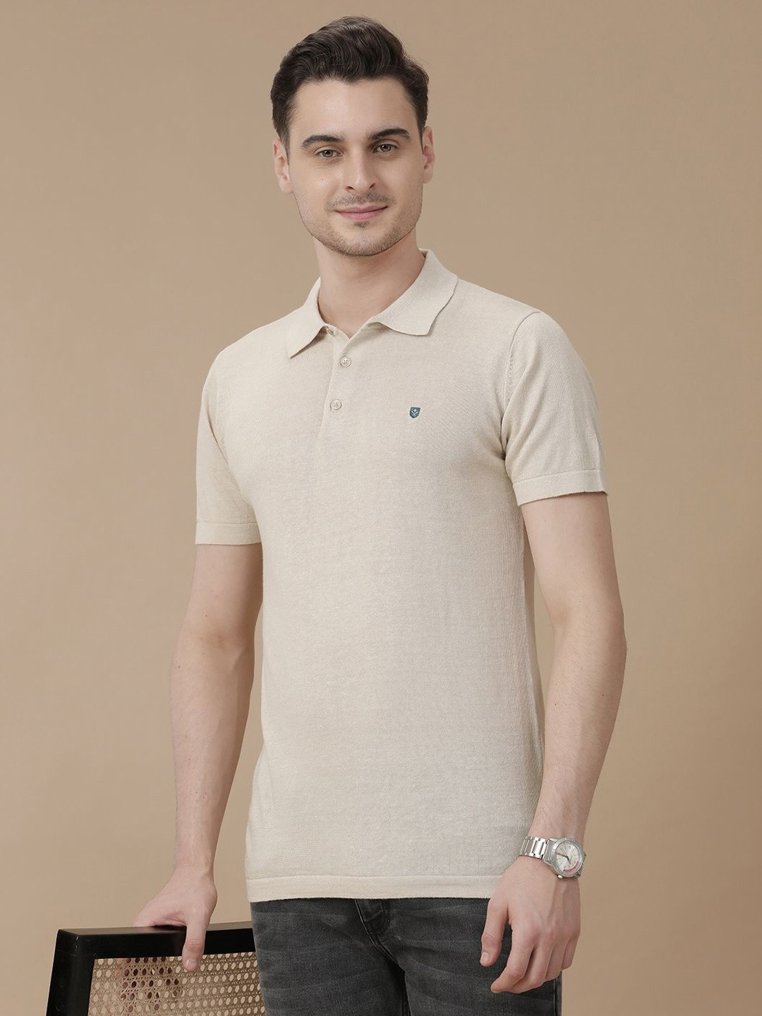 Linen Club Men Beige Short Sleeves Polo Collar Linen Blend Slim Fit T-shirt