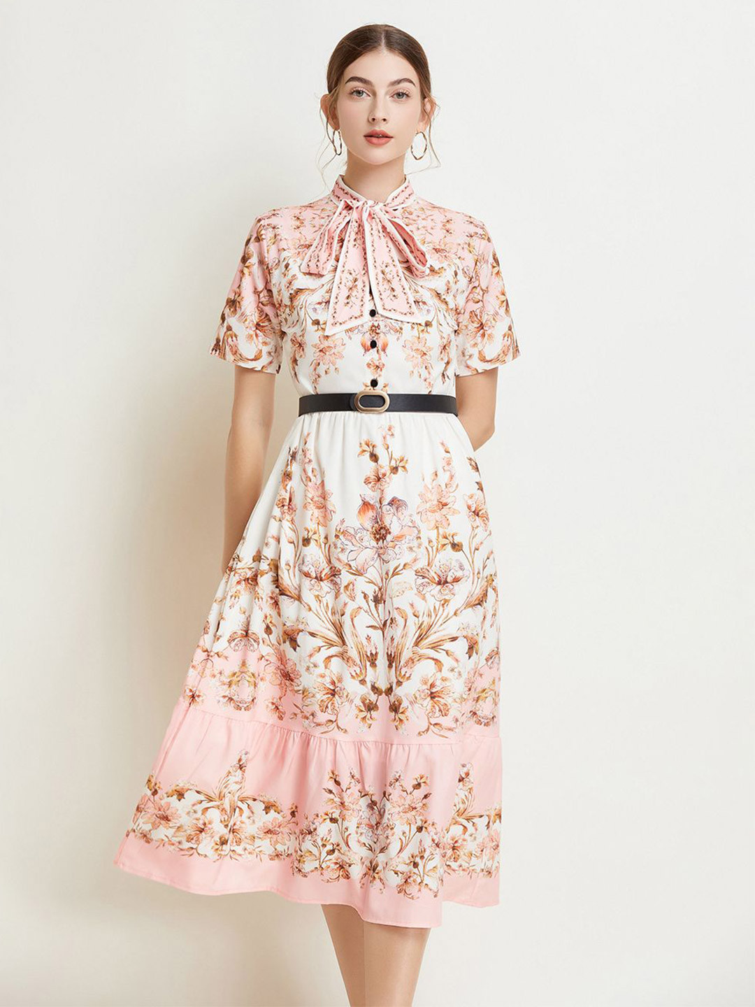 JC Collection Tie-Up Neck Floral Print Fit & Flare Midi Dress Come With Belt