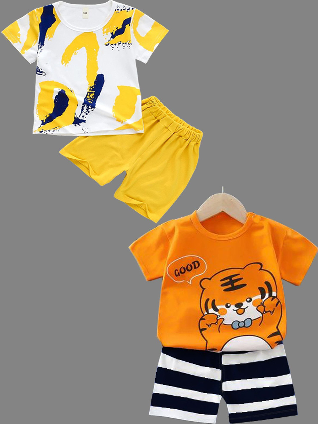 BAESD Kids Pack Of 2 Printed Round Neck Striped Pure Cotton T-shirt with Shorts