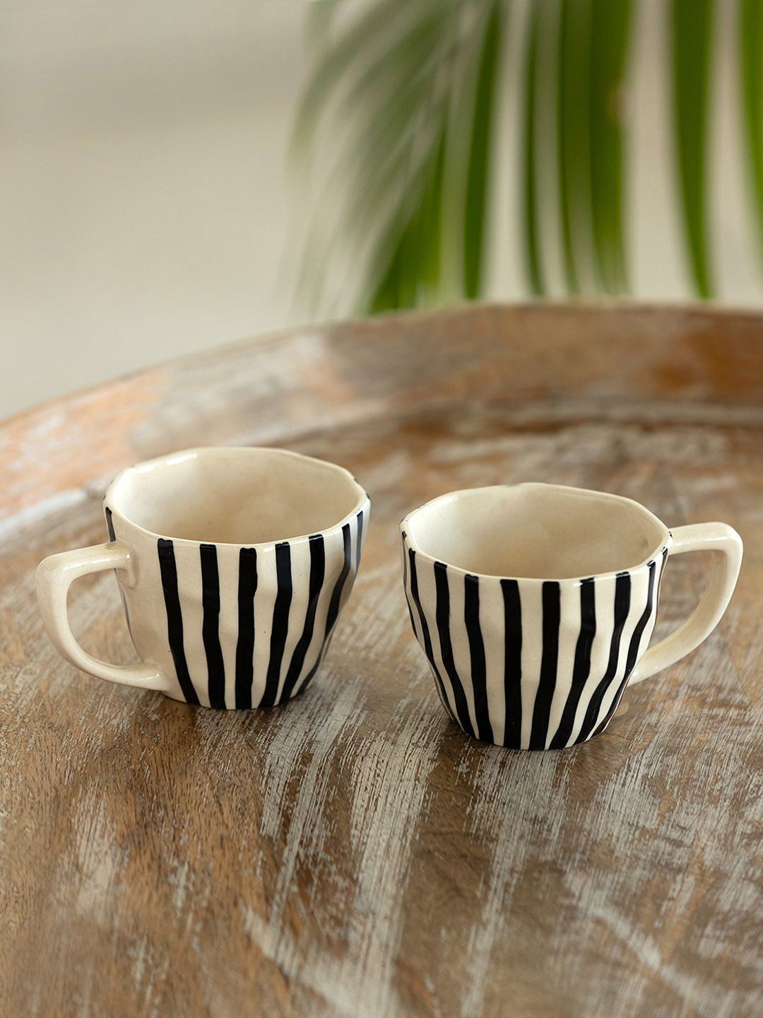 ExclusiveLane Karela Shaped White Striped Ceramic Handmade 2 Piece Mugs-200ml