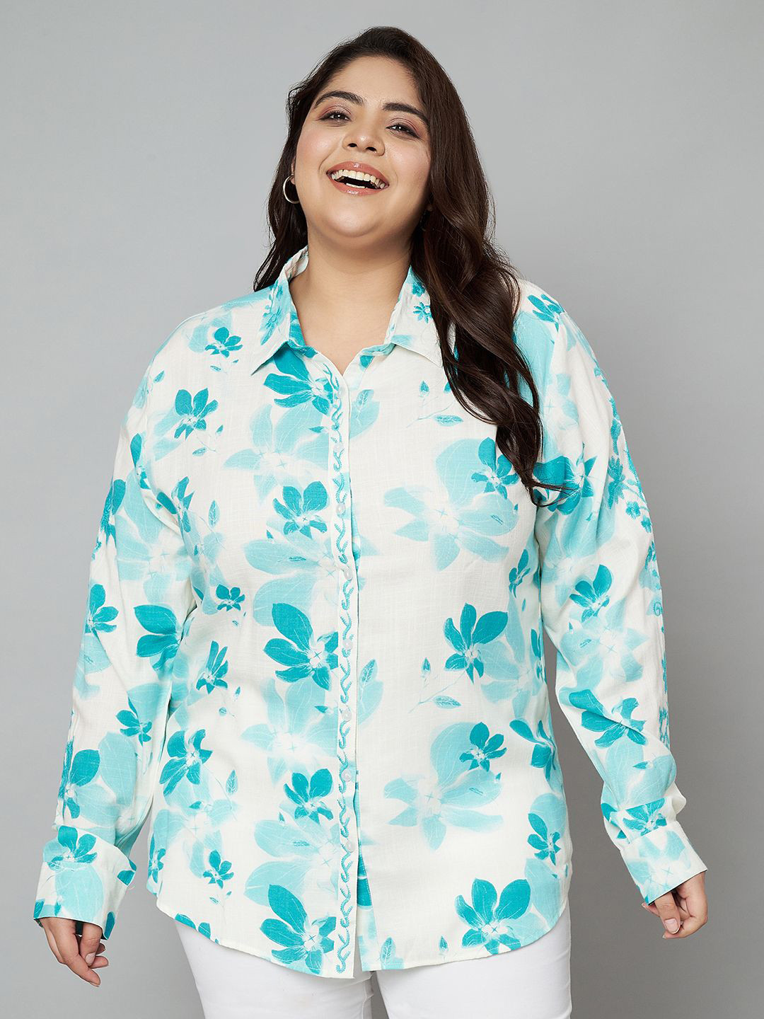 VELDRESS Women Spread Collar Floral Printed Crepe Plus Size Casual Shirt