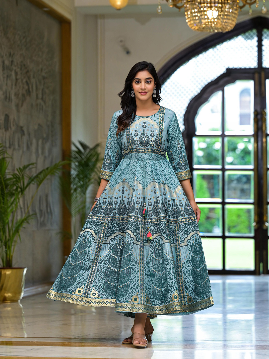 Juniper Ethnic Motifs Printed Satin Fit & Flare Maxi Dress