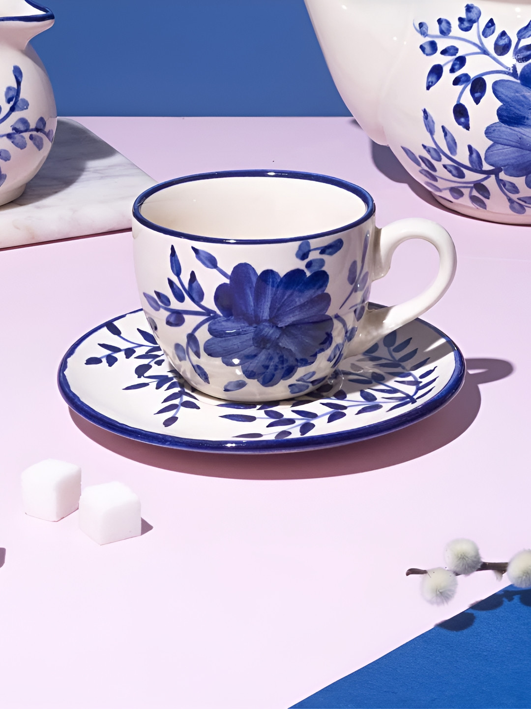 AMALAFIEE CERAMICS Blue & White 2 Pieces Printed Ceramic Glossy Cup with Saucer 300ml