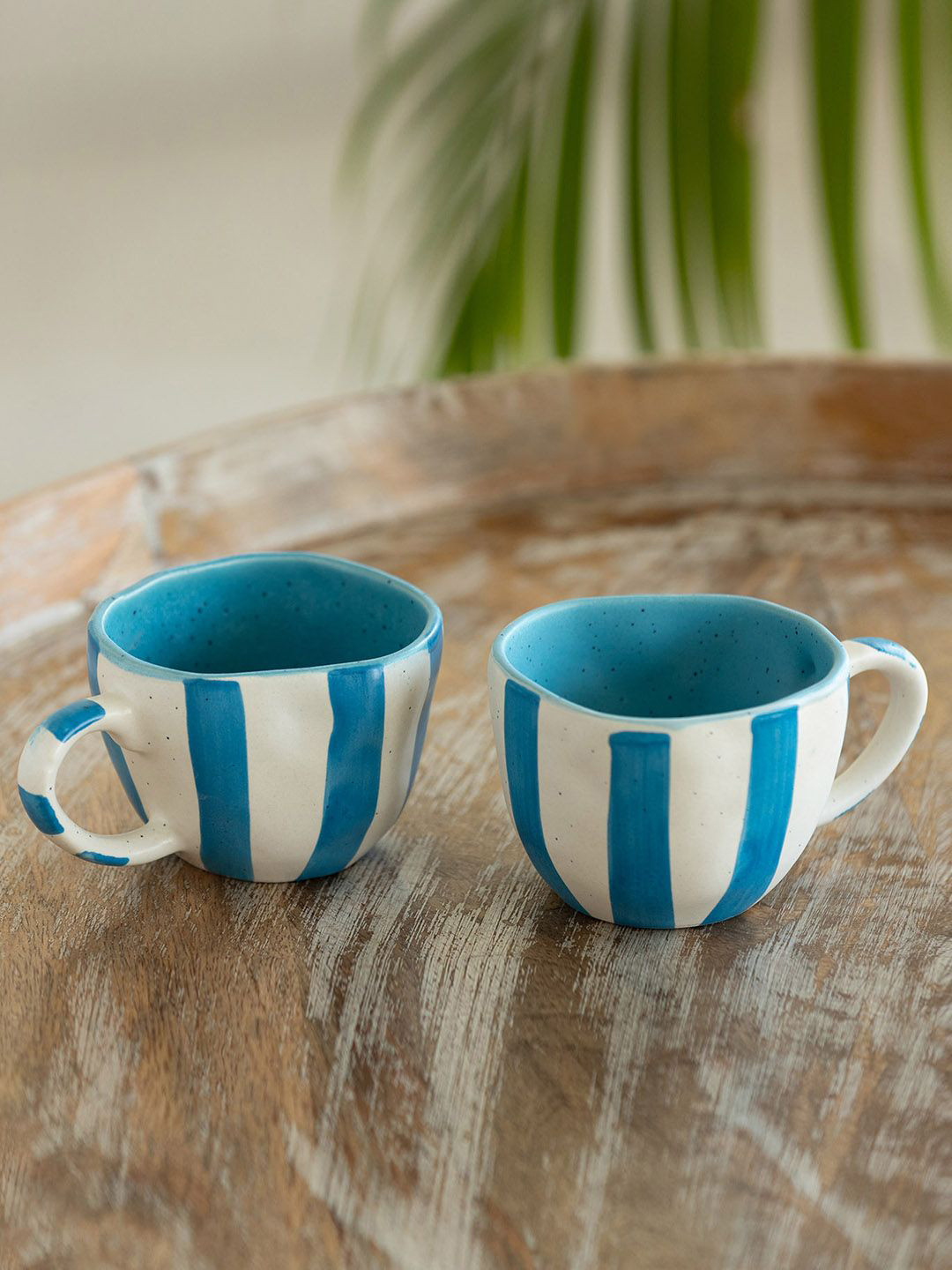 ExclusiveLane Fish Designed White Striped Ceramic Hand-Painted 2 Piece Mugs-200ml