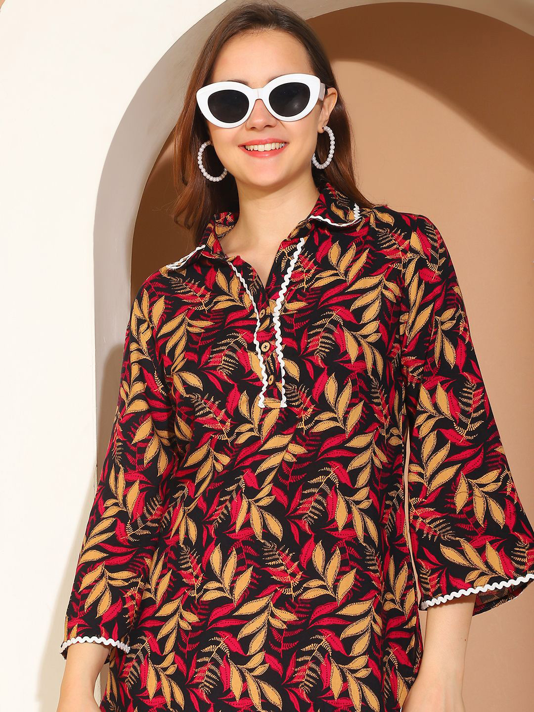 COLOR STUDIO Women Tropical Printed Shirt Collar Top