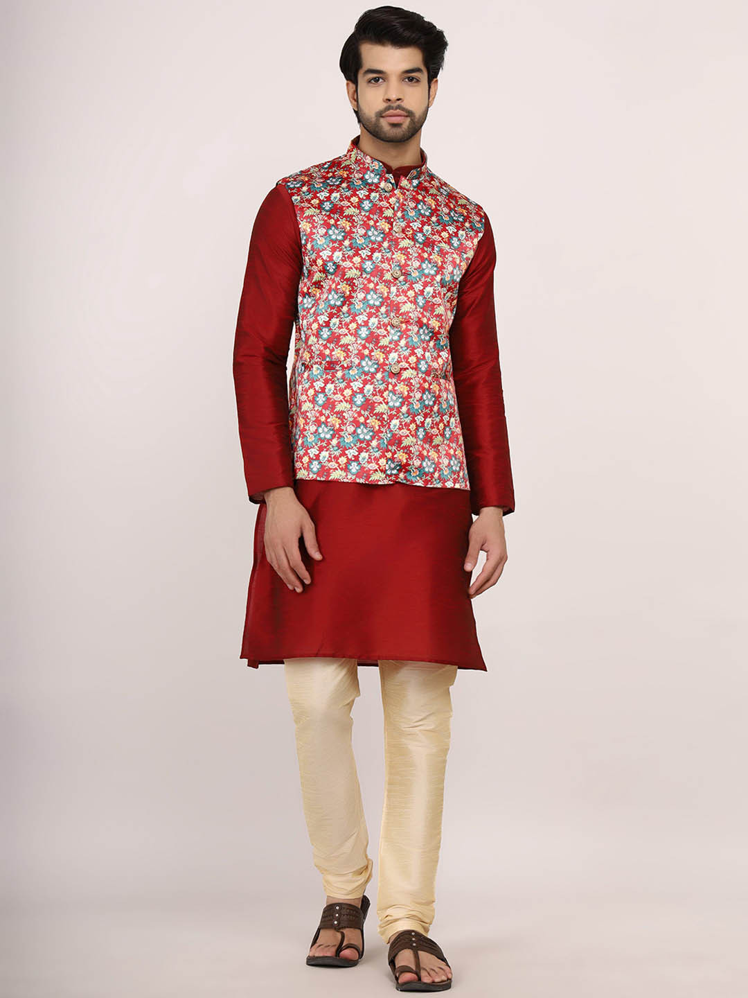 Sadree Mandarin Collar Dupion Silk Kurta With Churidar & Jacket