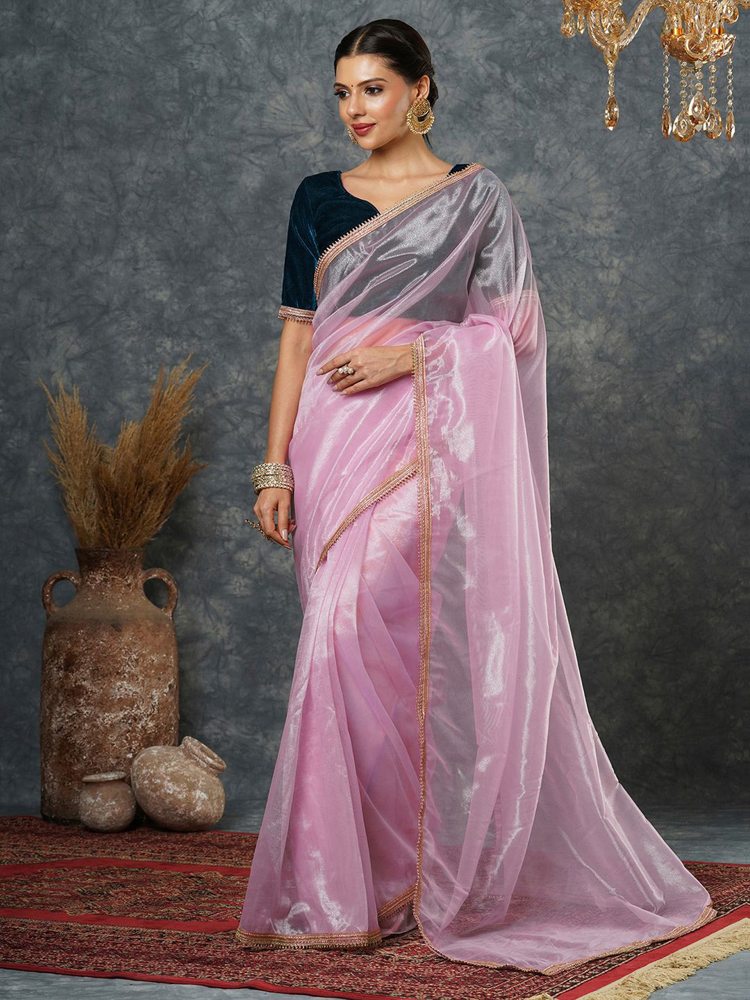 all about you Beads and Stones Solid Net Saree