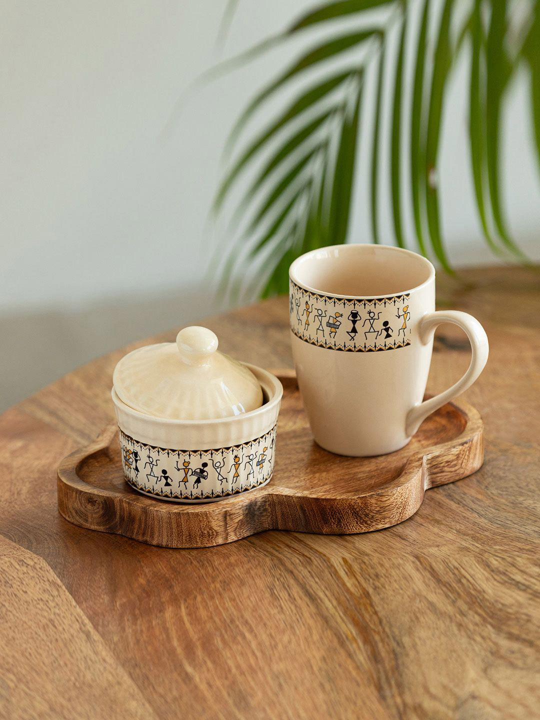 ExclusiveLane Cream Ethnic Motifs Ceramic Microwave Safe Mug with Nug Bowl and Lid, Tray-330ml, 160ml