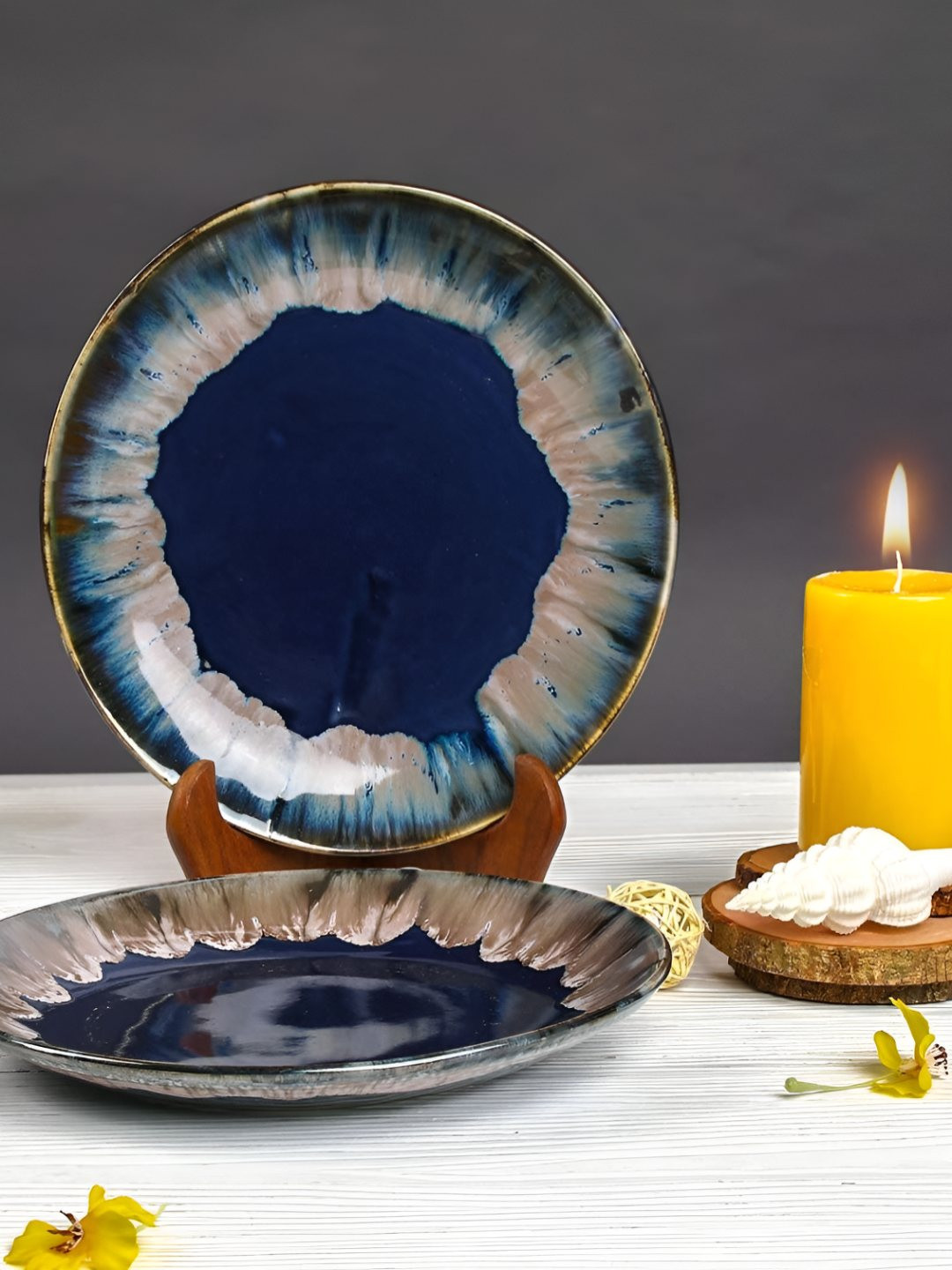 AMALAFIEE CERAMICS Blue 2 Pieces Printed Ceramic Microwave Safe Plates