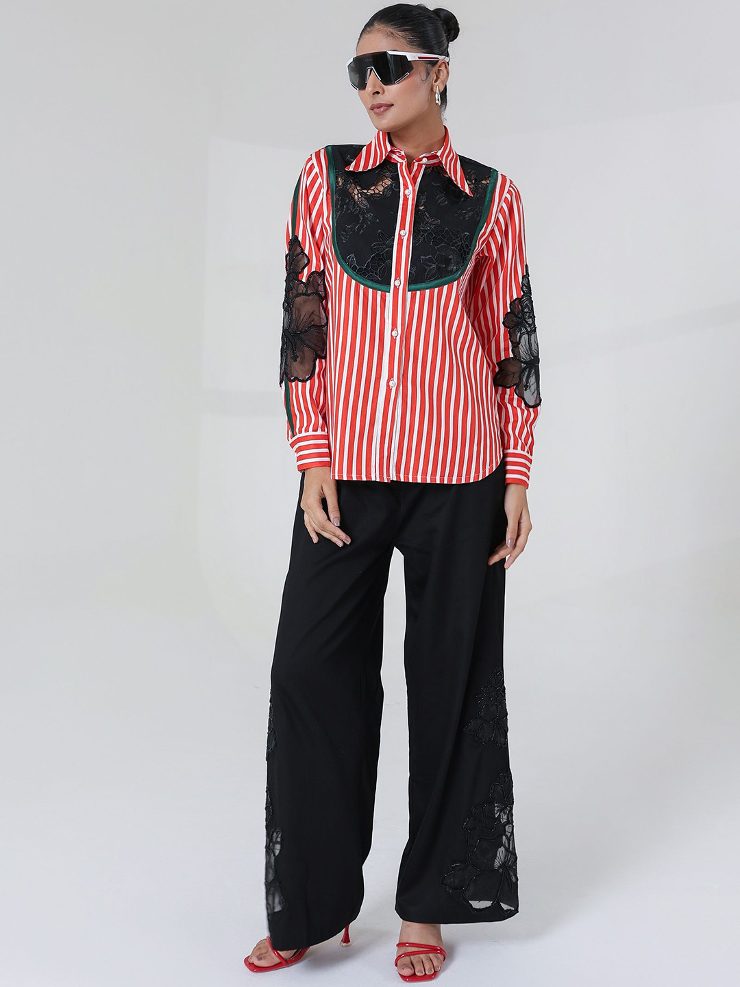 MQ Marquino Striped Pure Cotton Lace Detail Shirt & Trouser