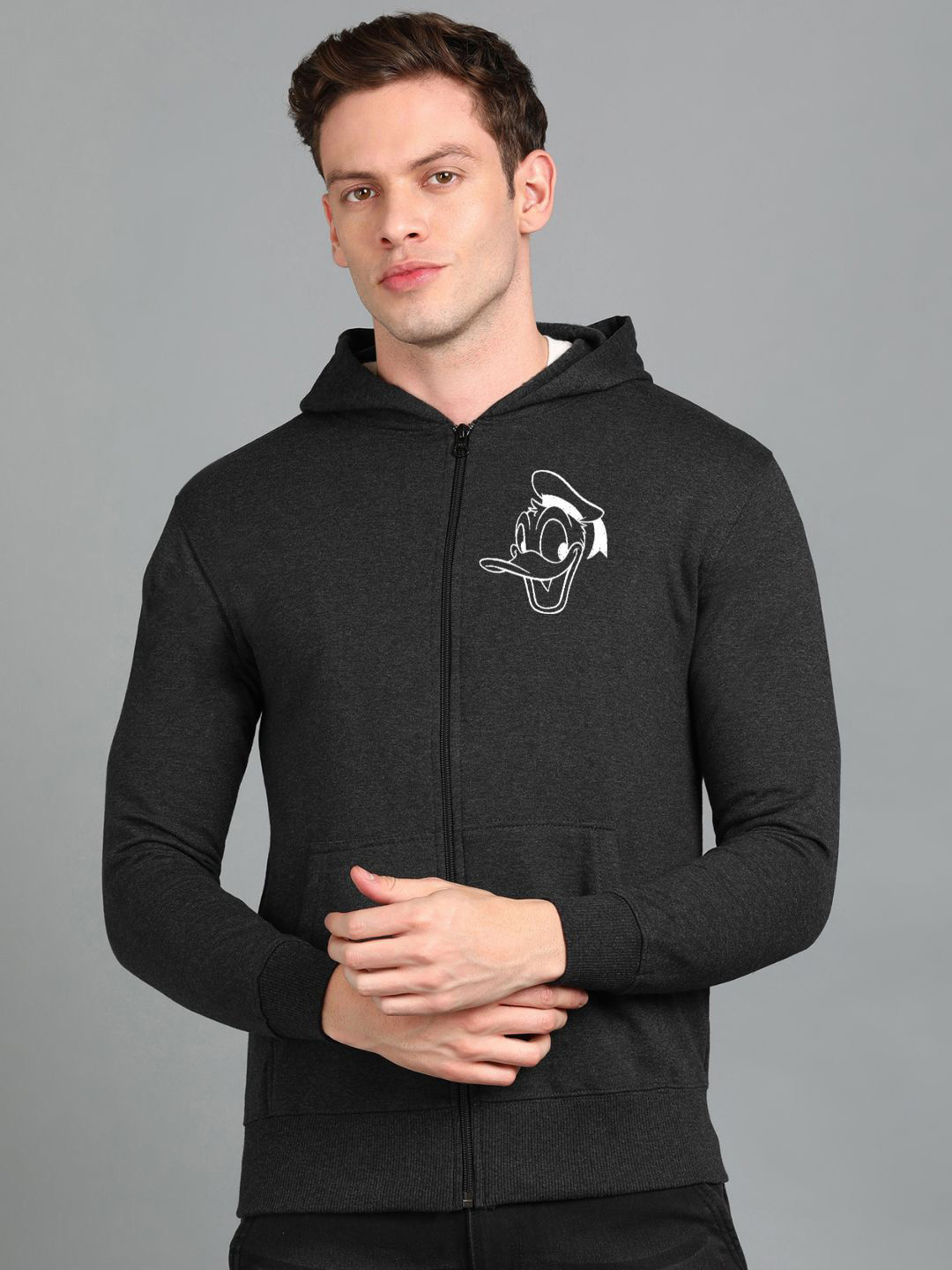 FALTU.CO Men Graphic Donald Duck Printed Hooded Ribbed Cotton Sweatshirt