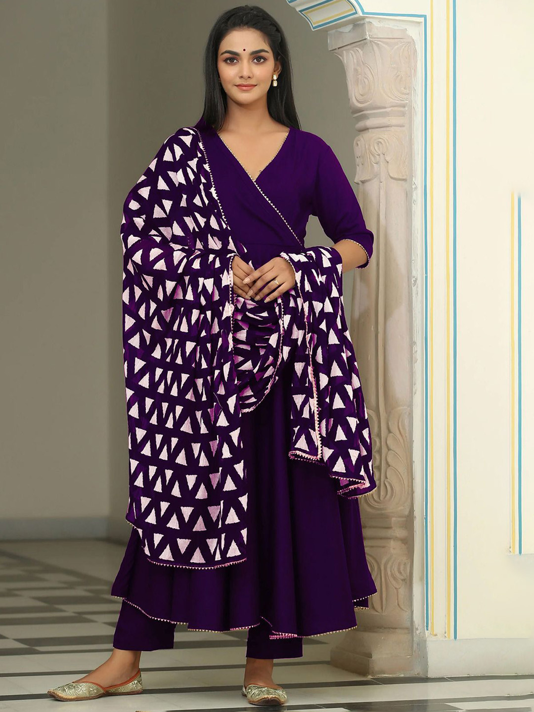 Anni Designer V-Neck Angrakha Viscose Rayon Anarkali Kurta With Trousers With Dupatta