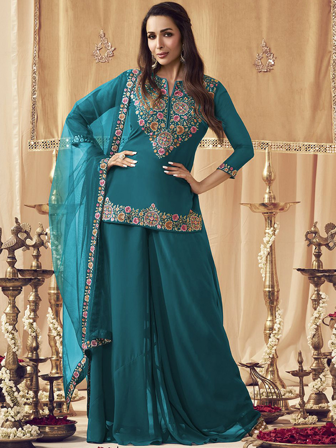 Inddus Turquoise Blue Floral Embroidered Notch Neck Georgette Kurti with Palazzo & Dupatta