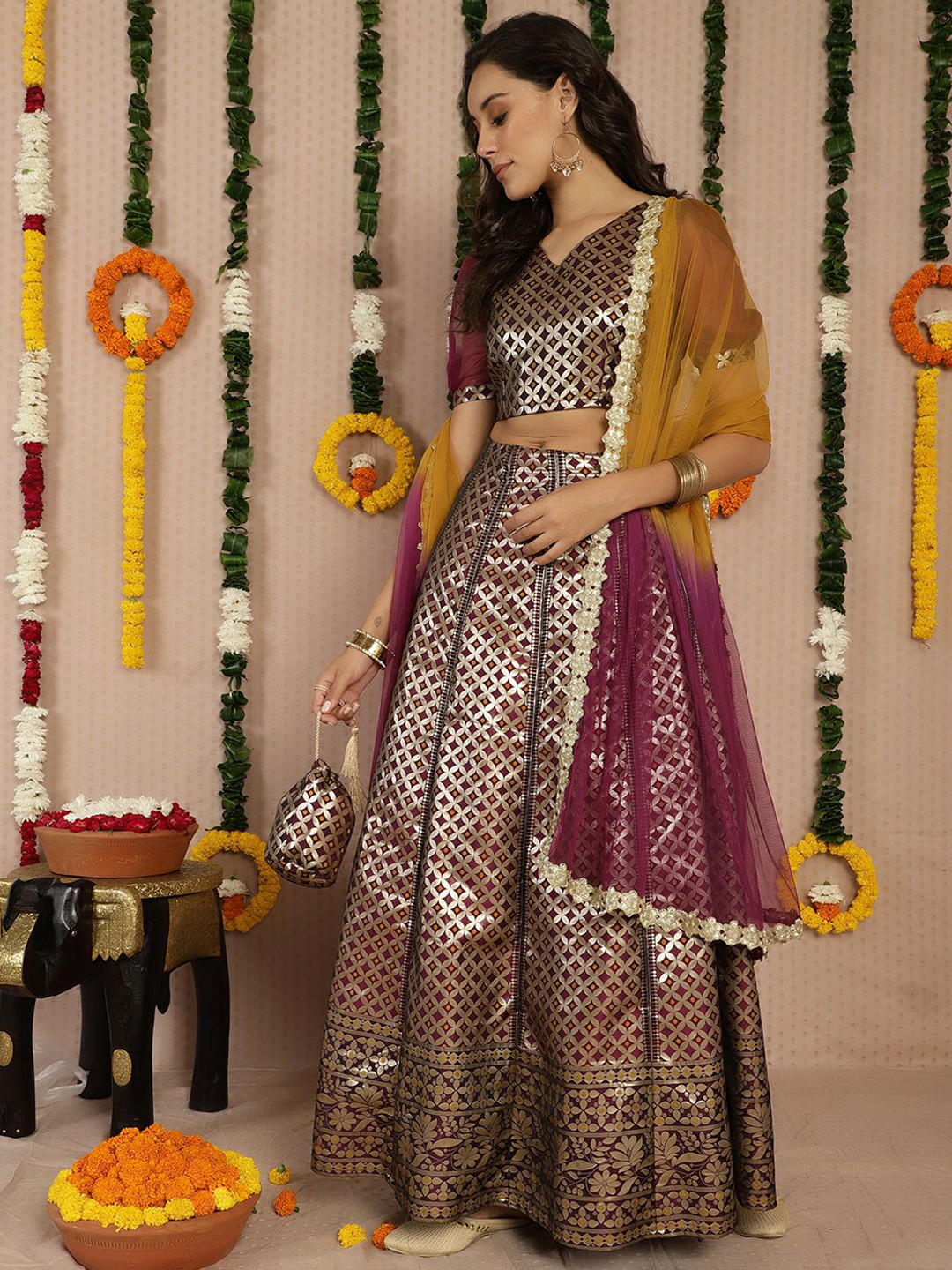 AKS Woven Design Banarasi Jacquard Ready to Wear Lehenga & Blouse With Dupatta