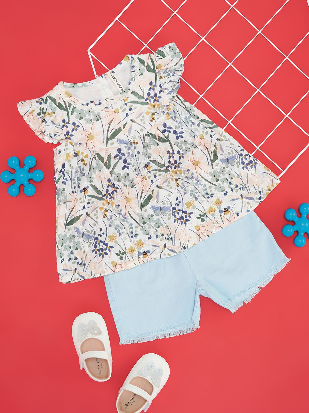 Pantaloons Baby Girls Floral Printed Round Neck Short Sleeves Pure Cotton Top & Shorts