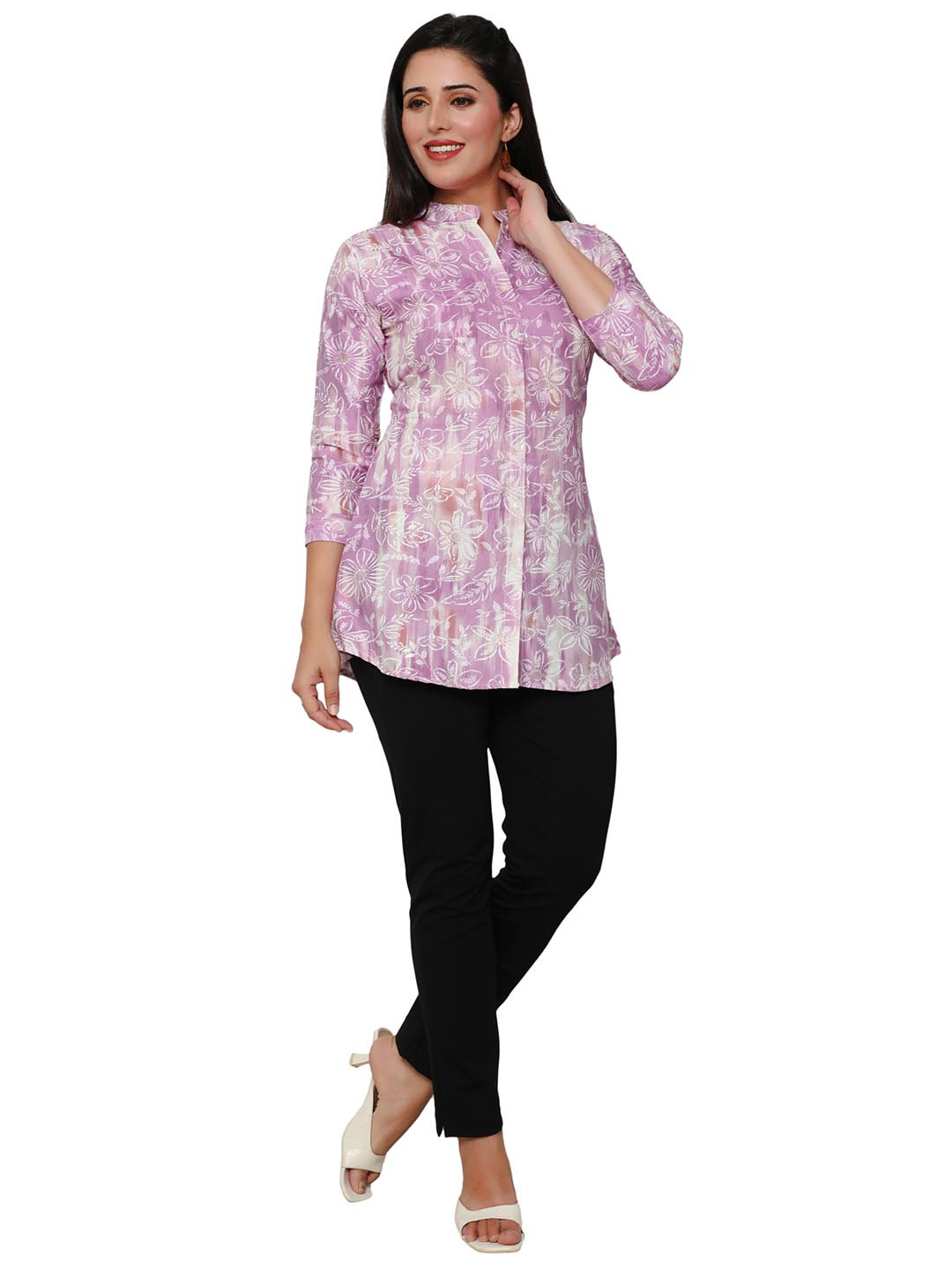 Hy Fashion Women Mandarin Collar Printed Cotton Tunic Top