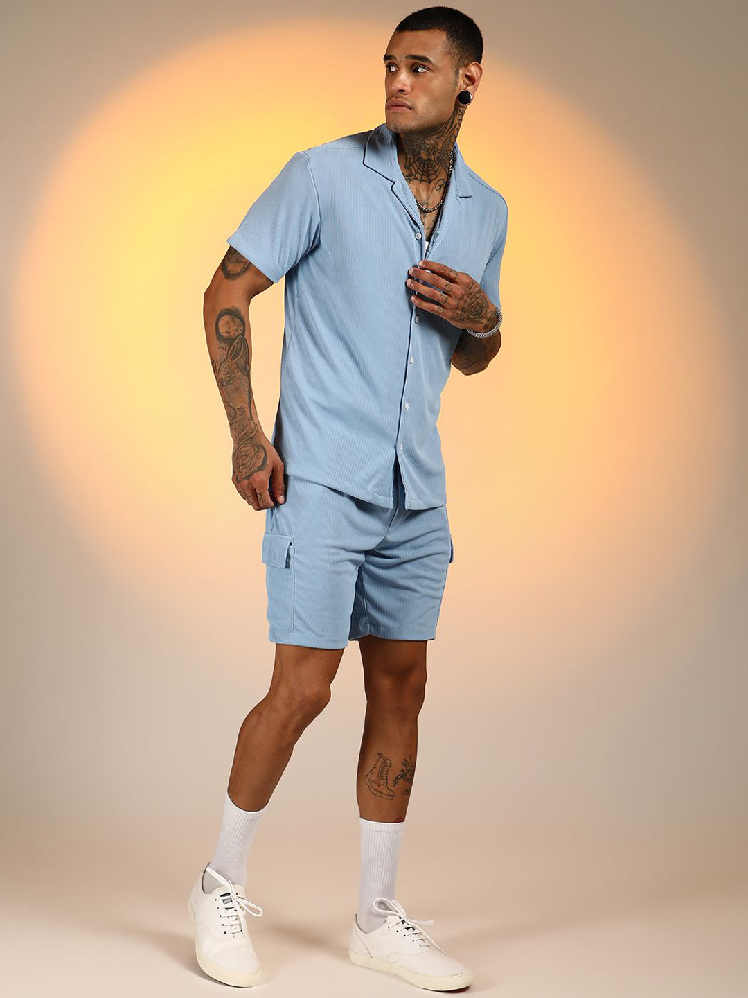 Campus Sutra Ribbed Utility Shirt with Shorts