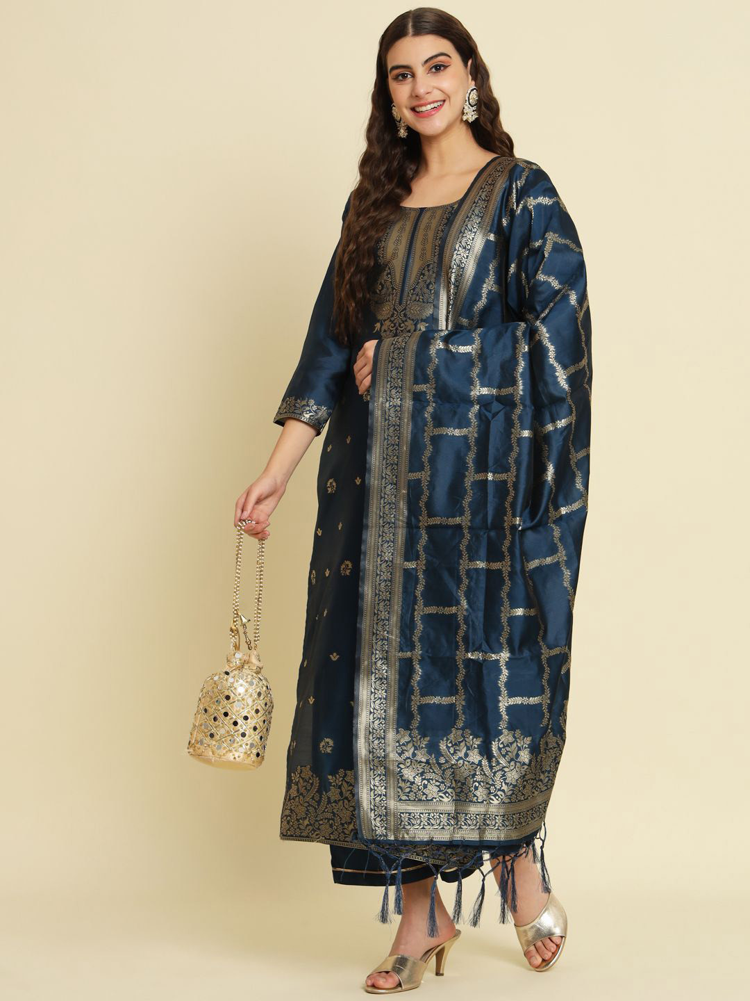 VredeVogel Ethjnic Woven Design Zari Cotton Silk Jacquard Kurta With Trousers & Dupatta