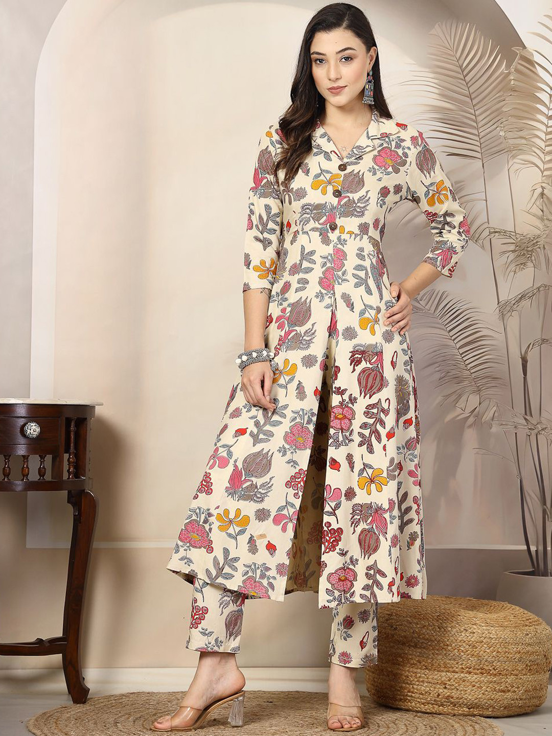 Stylum Beige & Grey Floral Printed A Line Kurta with Trousers
