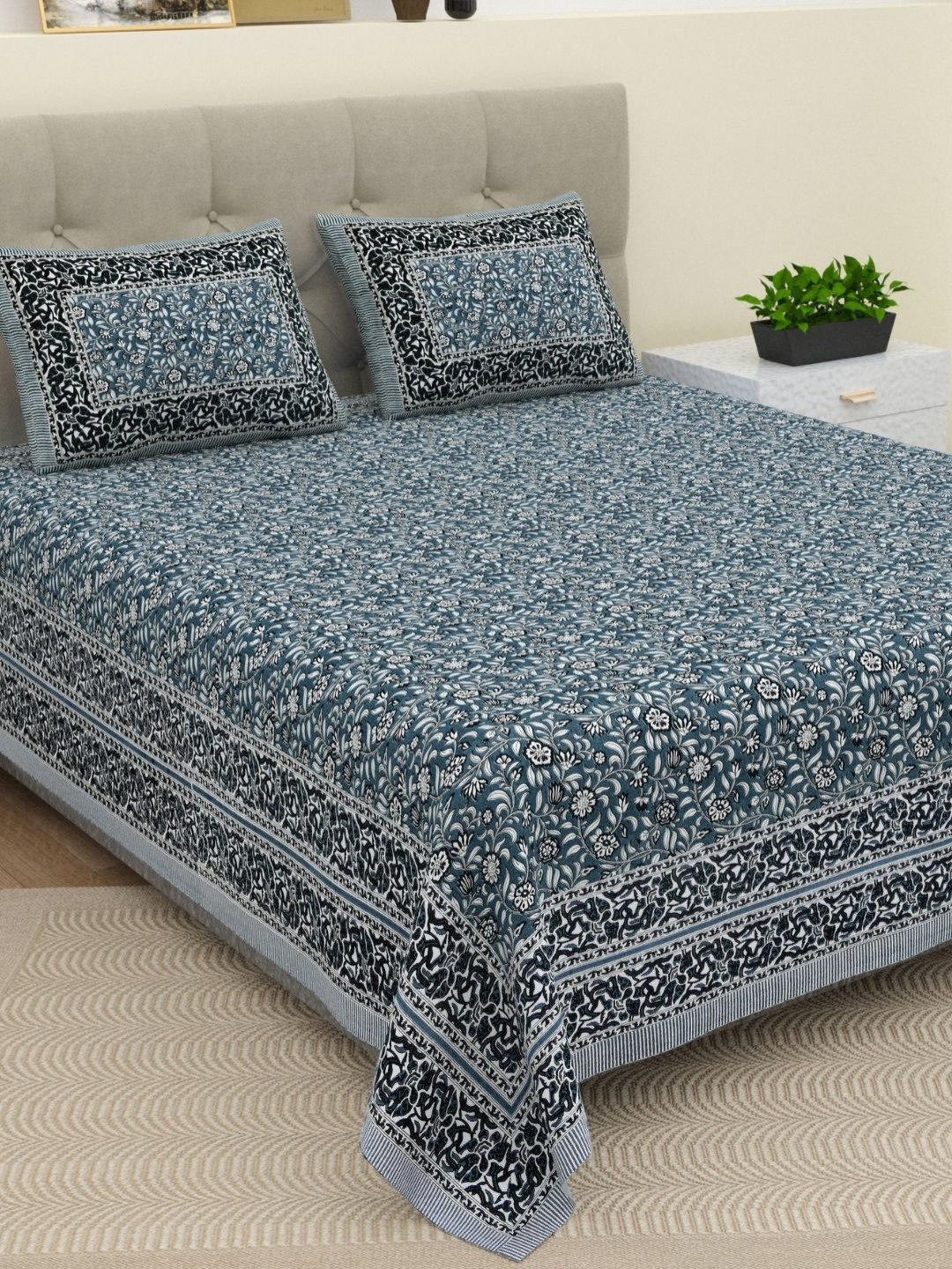 The Craft Monk Grey Floral Cotton 210 TC King Fine Bedsheet with 2 Pillow Covers-274 x 228 cm