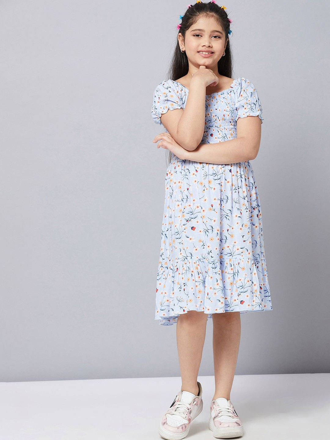 StyloBug Girls Floral Printed Square Neck Puff Slevees Fit & Flared Knee Length Dress