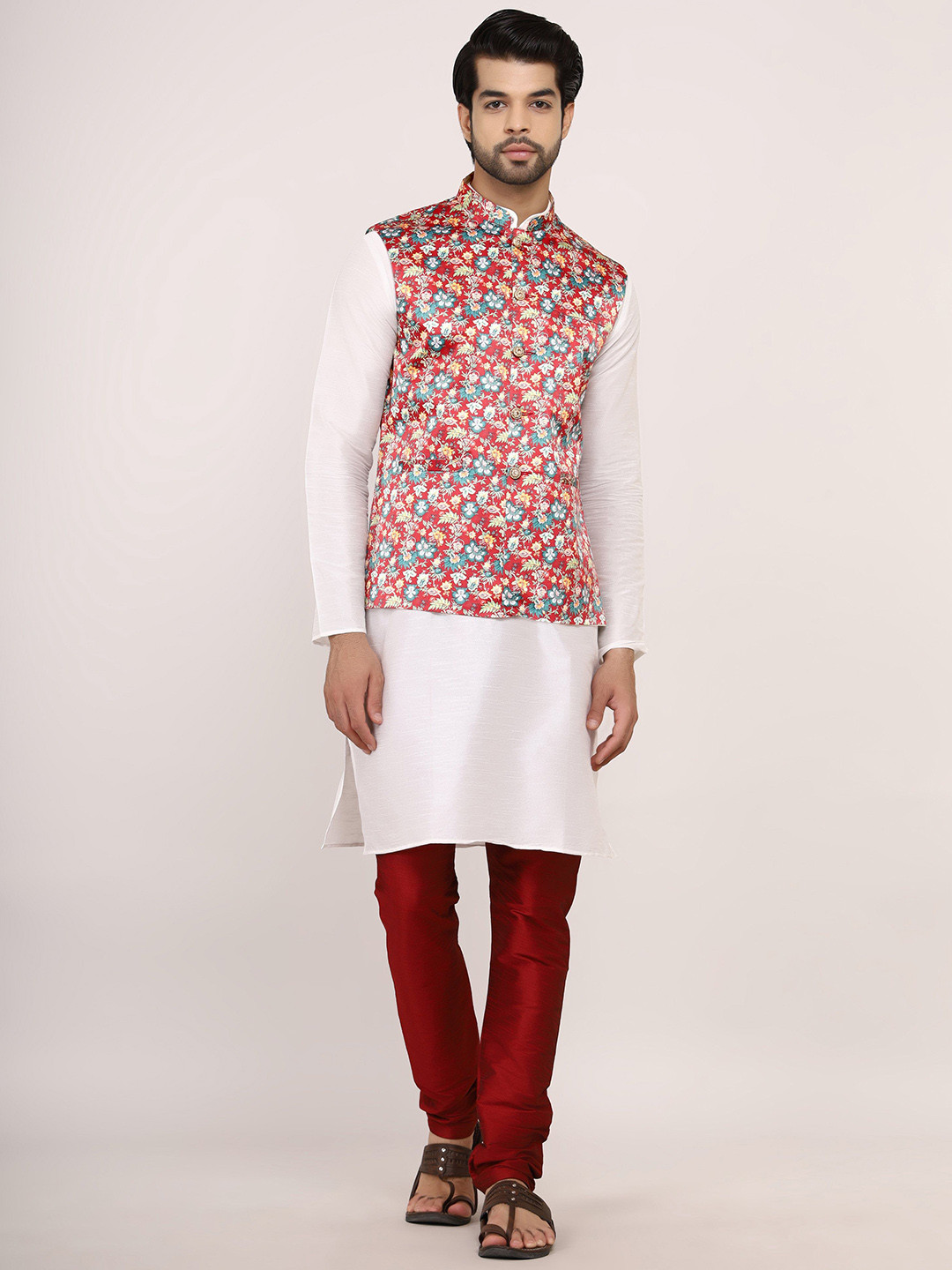 Sadree Mandarin Collar Dupion Silk Kurta With Pyjama & Printed Nehru Jacket