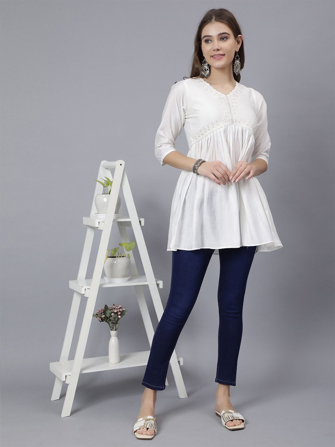 STUNICS Floral Embroidered V-Neck Modal Empire A-Line Kurti