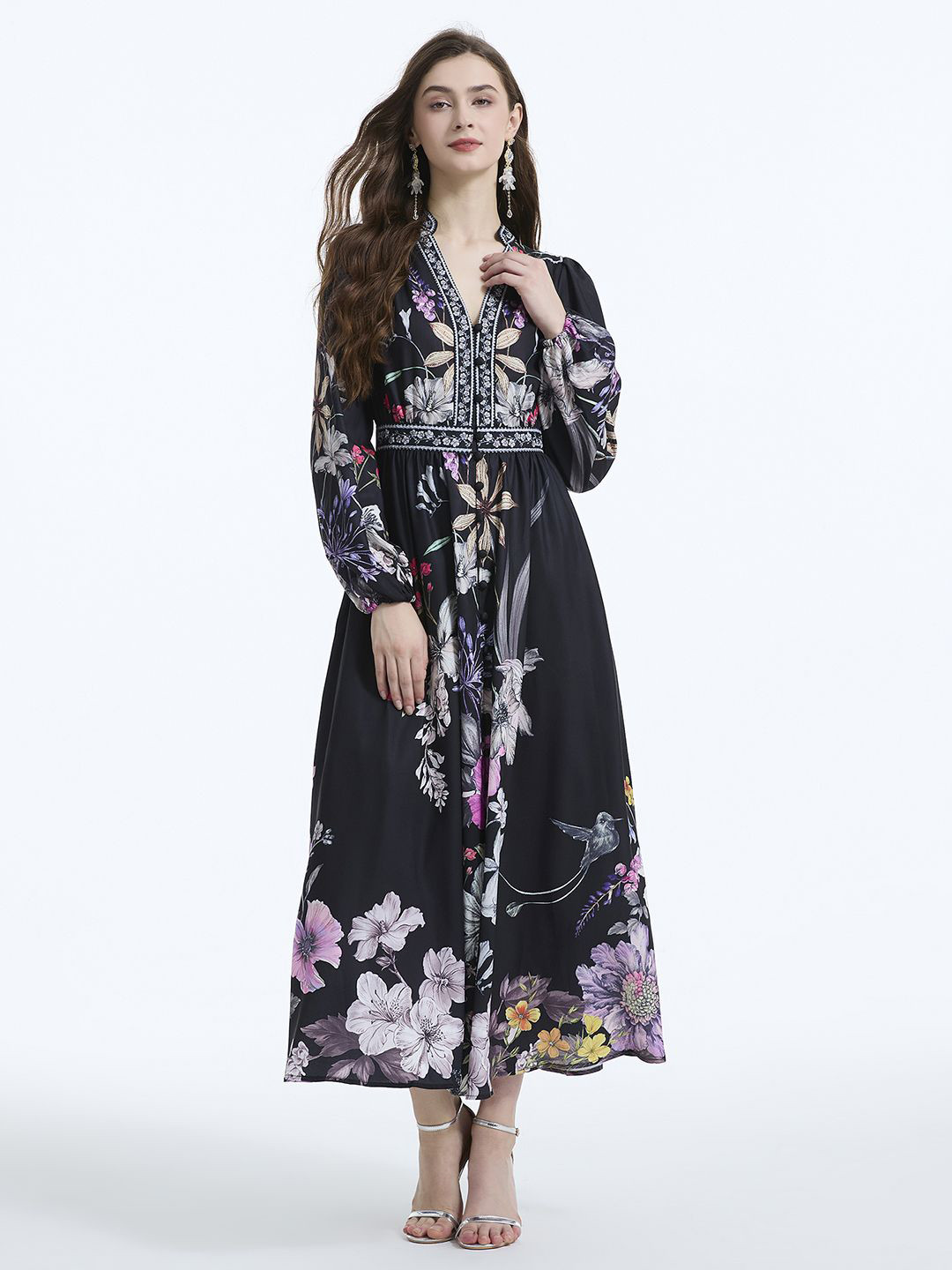 JC Collection Shirt Collar Puff Sleeves Floral Print Gathered or Pleated Shirt Maxi Dress