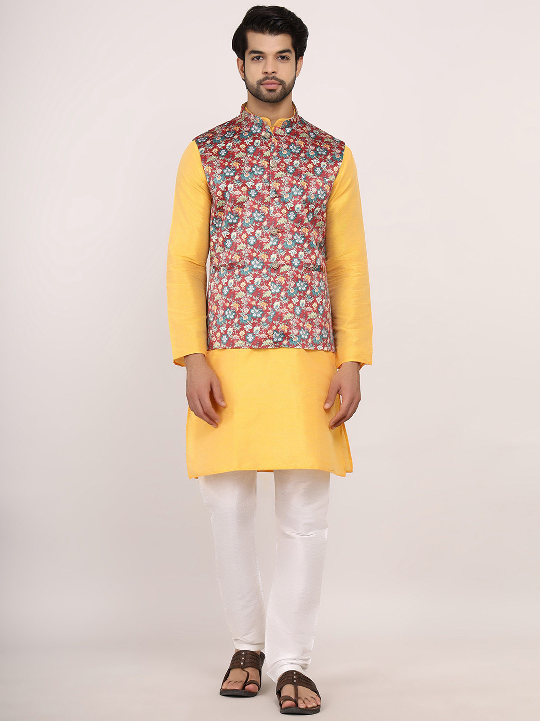 Sadree Mandarin Collar Dupion Silk Kurta With Pyjama & Printed Nehru Jacket