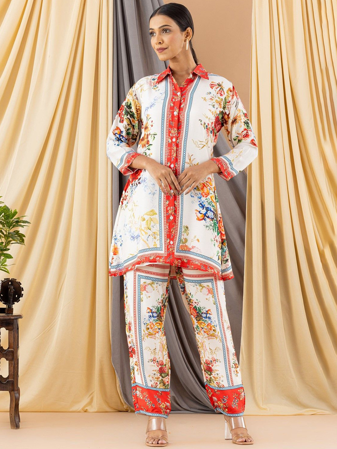AUTUMN LANE White & Orange-Coloured Floral Printed Shirt Collar Tunic With Trousers