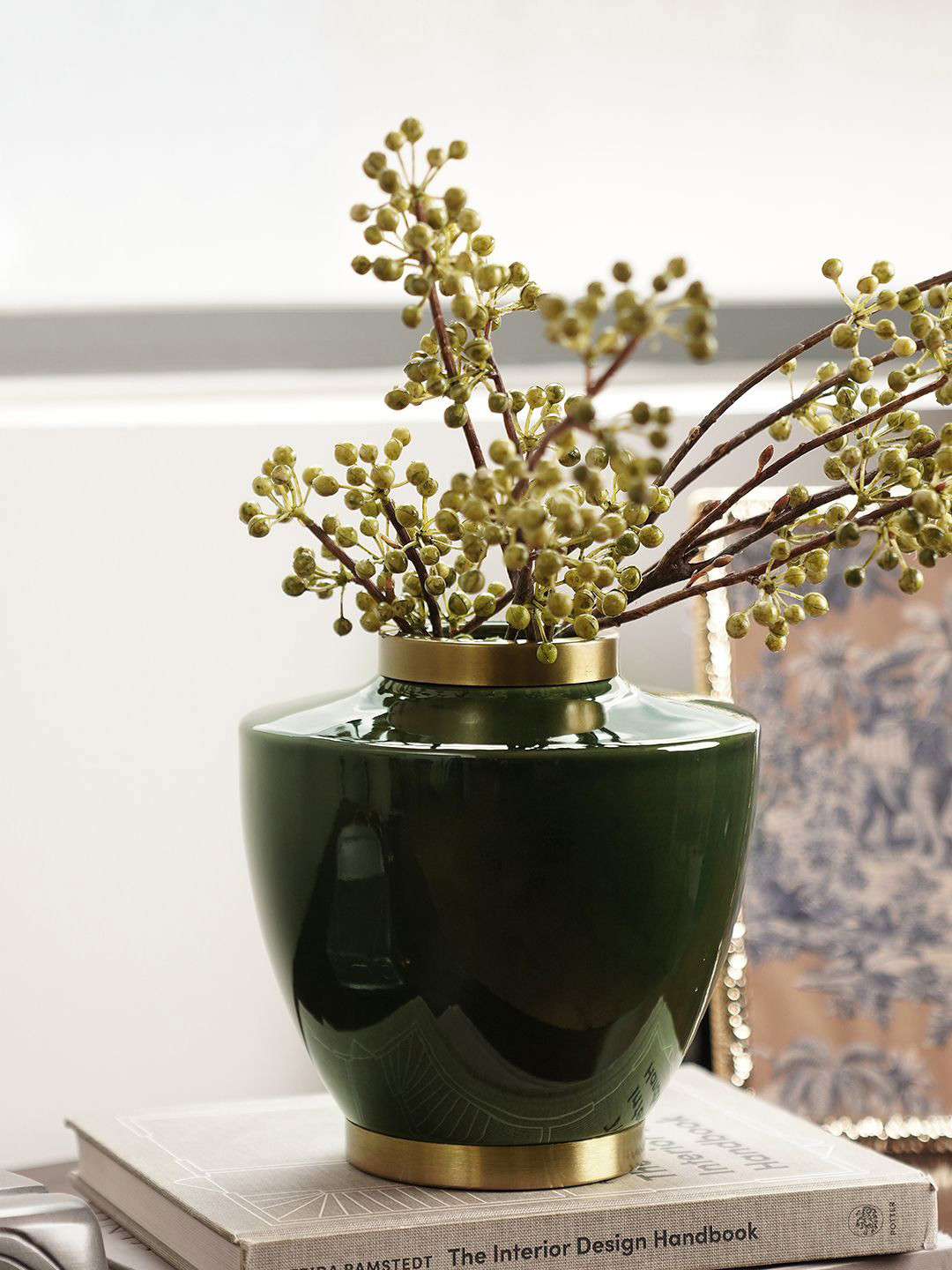 Pure Home and Living Green Bottleneck Ceramic Vase with Gold Rim - Small