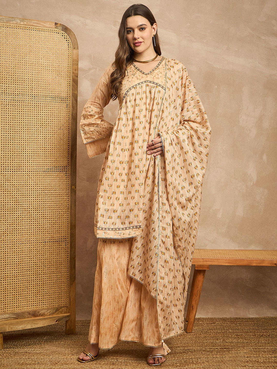 all about you Peach-Coloured Floral Printed BellSleeve A-Line Kurta with Trouser & Dupatta