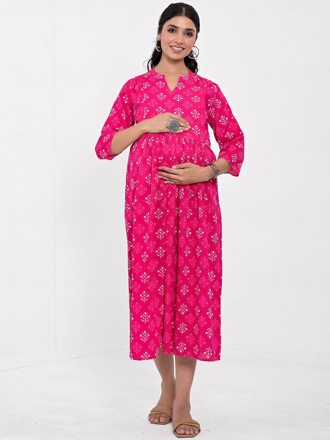 Negen Ethnic Motifs Printed Maternity Fit & Flare Maxi Dress