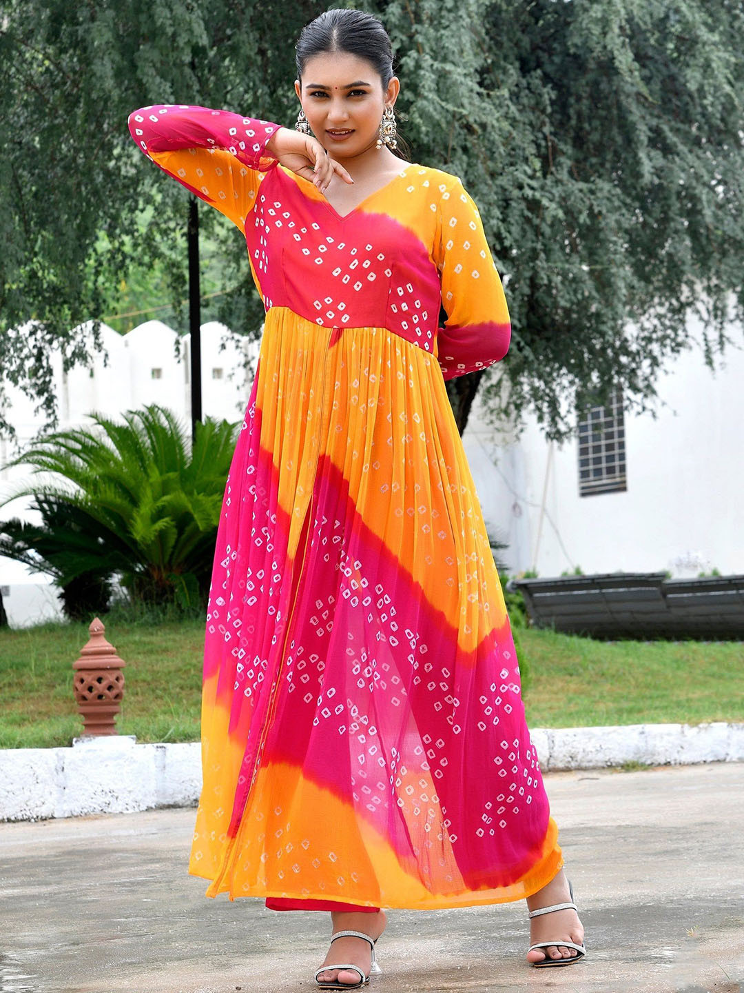Thread & Button Bandhani Printed V-Neck Silk Chiffon A-Line Kurta with Trousers
