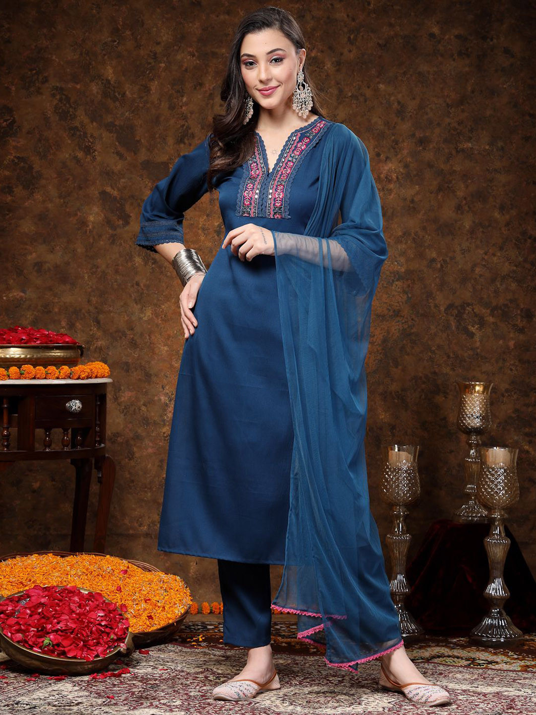 Stylum Teal Blue Florl Embroidered Straight Kurta & Trousers With Dupatta