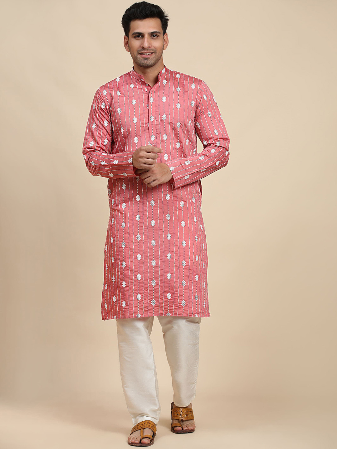 Rawayi Mandarin Collar Ethnic Motifs Thread Work Atraight Kurta