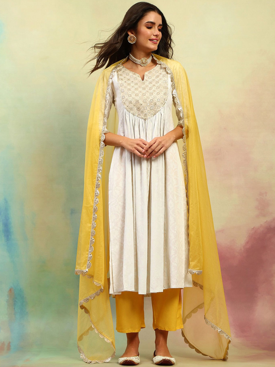 Khushal K Ethnic Motifs Regular Sequinned A Line Kurta With Palazzos & Dupatta - Kurta Sets for Women 30856410 | Myntra