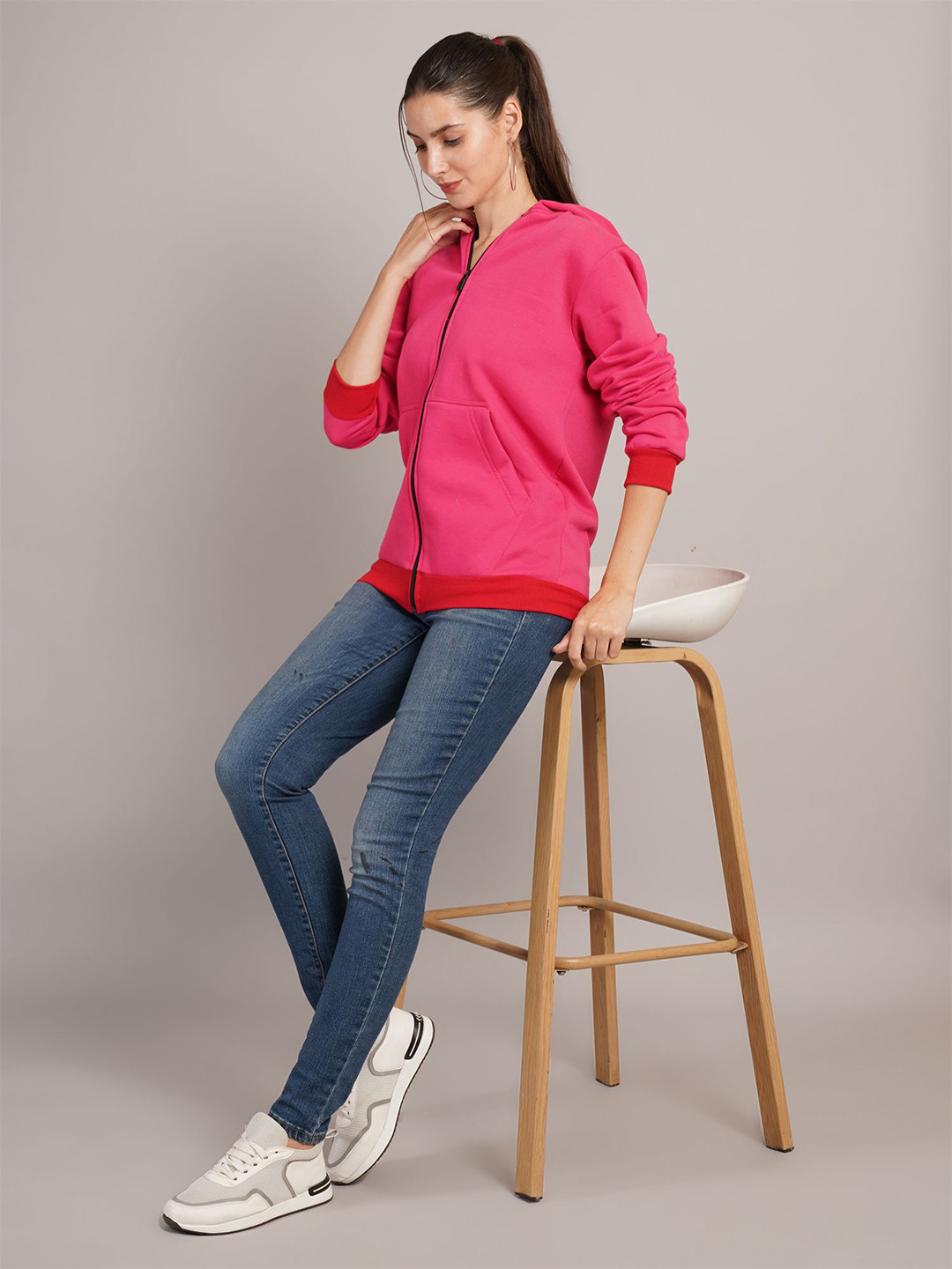 Kushi Flyer Women Solid Hooded Ribbed Sweatshirt