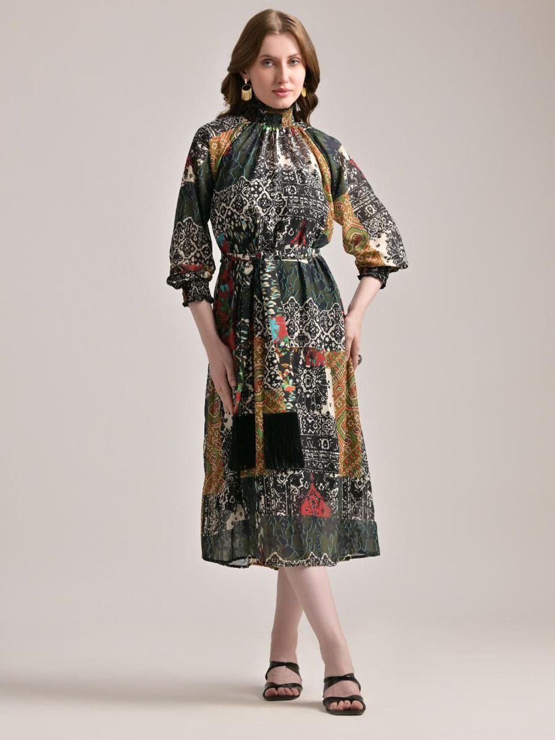 The Samoa Print Puff Sleeve Fit & Flare Midi Black Turtle Neck Patch Print Dress