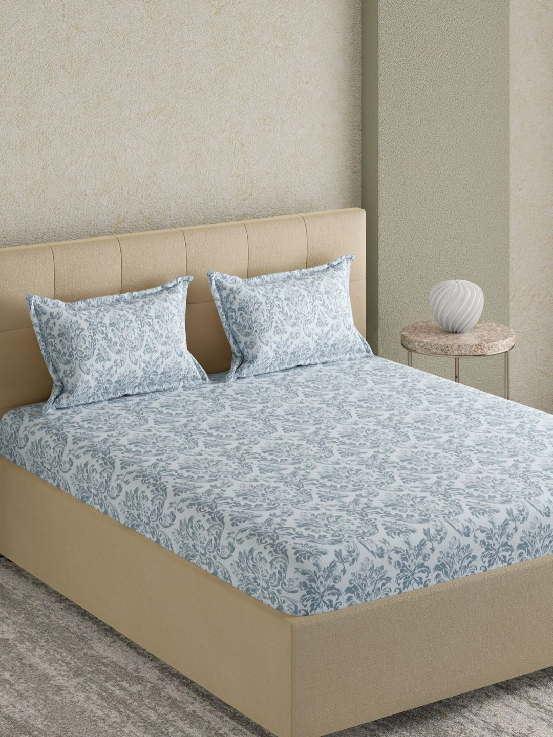GM Blue Floral Polycotton 300 TC Super King Fine Bedsheet with 2 Pillow Covers-108 x 108 inches