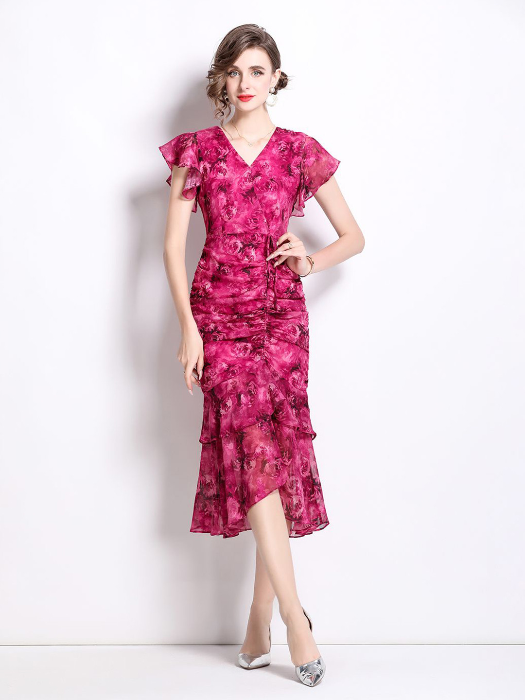 JC Collection Womens Floral Print Flutter Sleeve A-Line Midi Dress