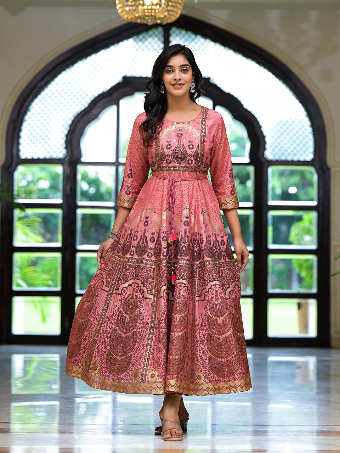 Juniper Ethnic Motifs Printed Satin Maxi Ethnic Dress With Beads & Dori On Waist